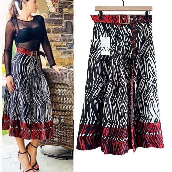 Zara Dresses & Skirts - NWT Zara Zebra Print Belted Midi Skirt | Red White Black | Animal Print | Small